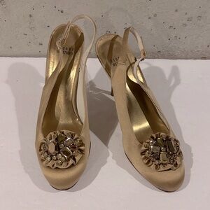 Stuart Weitzman Gold Satin Slingback Pumps With Jeweled Embellishment - Size 10